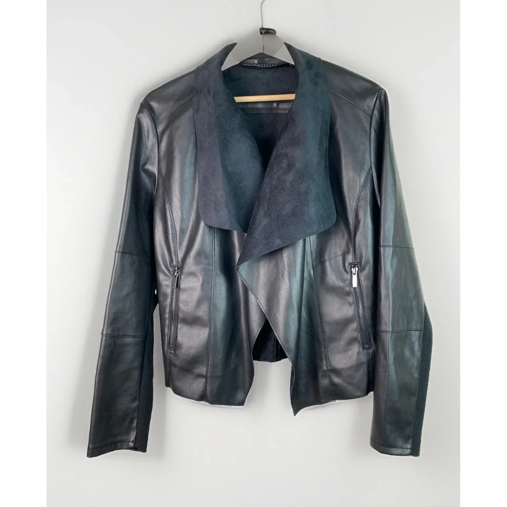 Bagatelle Collection Women's M Black Open Front Faux Leather Knit Jacket